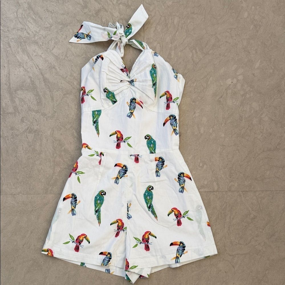Vintage retro pinup Parrot Print White Romper XS